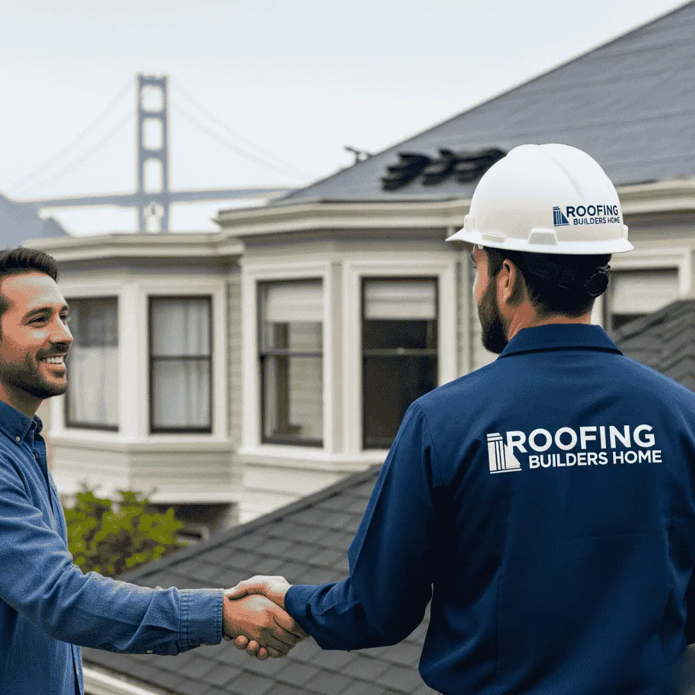 Bay Area homeowner shaking hands with a trusted roofing contractor in San Francisco after a roof repair, highlighting Roofing Builders Home’s local trust.