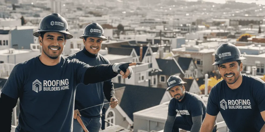Experienced roofing contractors in San Francisco standing on a roof with tools, showcasing teamwork, safety, and trusted expertise by Roofing Builders Home.